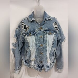FOREVER 21 Distressed‎ Thrash Grunge Patchwork Denim Relaxed Jacket (#1,376)(C)